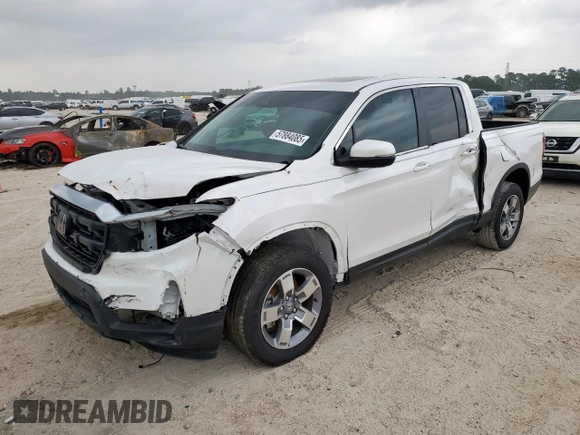 2025 Honda Ridgeline RTL z VIN 5FPYK3F53SB012947, wystawiony jako Copart lot #57884085 z przebiegiem 3 362 mil mil oraz Szkoda całkowita • Salvage title. Historia ofert i sprzedaży dostępna na DreamBid. Obrazek 1.