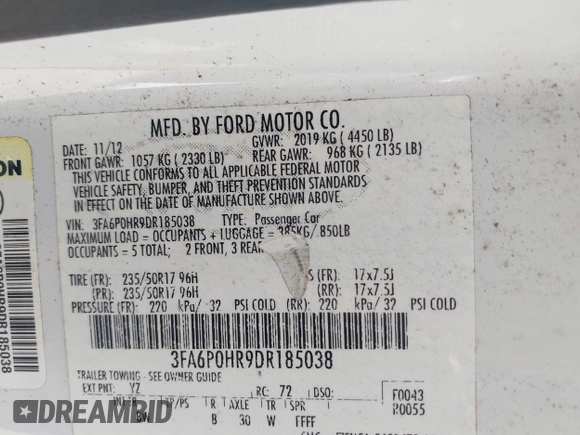 2013 Ford Fusion SE with VIN 3FA6P0HR9DR185038, listed as a IAAI auction lot 42104424 with 174,354 mi miles. Bid and sale history available at carsss.com. Image 9.