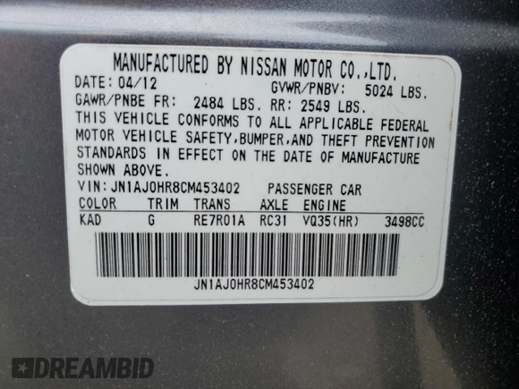 2012 Infiniti EX Journey with VIN JN1AJ0HR8CM453402, listed as a Copart auction lot 65125335 with 127,290 mi miles and Clean title. Bid and sale history available at DreamBid. Image 13.