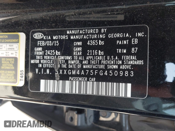 2015 Kia Optima LX z VIN 5XXGM4A75FG450983, wystawiony jako IAAI lot #41837815 z przebiegiem 95 187 mil mil oraz . Historia ofert i sprzedaży dostępna na DreamBid. Obrazek 9.
