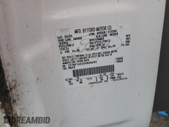 2005 Ford F-150 XL with VIN 1FTRF14555NB56692, listed as a Copart auction lot 72361864 with 216,919 mi miles and Clean title. Bid and sale history available at DreamBid. Image 13.