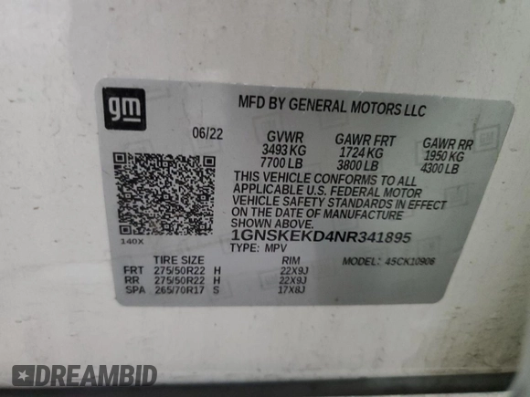 2022 Chevrolet Suburban RST with VIN 1GNSKEKD4NR341895, listed as a Copart auction lot 45866445 with 47,571 mi miles and Salvage title. Bid and sale history available at DreamBid. Image 13.