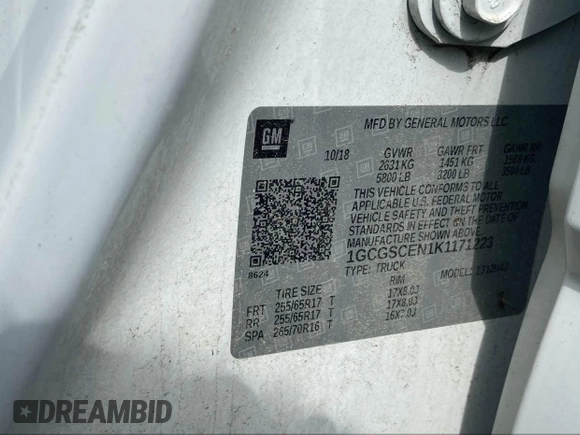 2019 Chevrolet Colorado 2WD LT with VIN 1GCGSCEN1K1171223, listed as a IAAI auction lot 42221784 with Not Provided miles and . Bid and sale history available at DreamBid. Image 9.