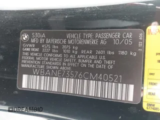 2006 BMW 5 Series 530i with VIN WBANE73576CM40521, listed as a IAAI auction lot 41623976 with 150,953 mi miles and . Bid and sale history available at carsss.com. Image 9.