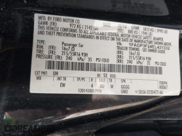 2014 Ford Focus SE with VIN 1FADP3F24EL431332, listed as a IAAI auction lot 42135538 with 121,362 mi miles. Bid and sale history available at carsss.com. Image 9.