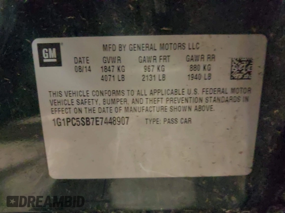 2014 Chevrolet Cruze 1LT with VIN 1G1PC5SB7E7448907, listed as a IAAI auction lot 42082689 with 74,867 mi miles and . Bid and sale history available at DreamBid. Image 9.