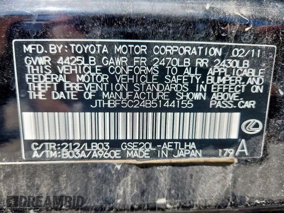 2011 Lexus IS 250 z VIN JTHBF5C24B5144155, wystawiony jako Copart lot #63081545 z przebiegiem 221 706 mil mil oraz Szkoda całkowita • Salvage title. Historia ofert i sprzedaży dostępna na DreamBid. Obrazek 13.