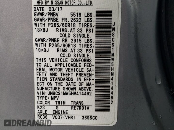2017 Infiniti QX70 z VIN JN8CS1MW5HM414492, wystawiony jako Copart lot #52415495 z przebiegiem 123 095 mil mil oraz Szkoda całkowita • Salvage title. Historia ofert i sprzedaży dostępna na DreamBid. Obrazek 13.