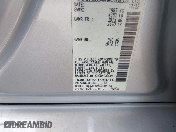 2013 Nissan Altima SL with VIN 1N4BL3AP0DC198036, listed as a IAAI auction lot 41995798 with 114,041 mi miles and . Bid and sale history available at DreamBid. Image 9.
