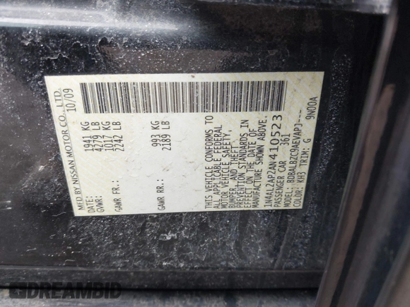 2010 Nissan Altima 2.5 S with VIN 1N4AL2AP2AN410523, listed as a IAAI auction lot 41932895 with 143,723 mi miles. Bid and sale history available at carsss.com. Image 9.