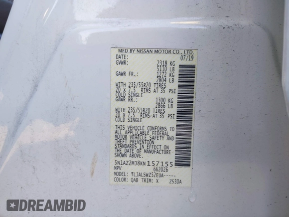 2019 Nissan Murano S with VIN 5N1AZ2MJ8KN157155, listed as a IAAI auction lot 41996639 with 76,265 mi miles and . Bid and sale history available at DreamBid. Image 9.