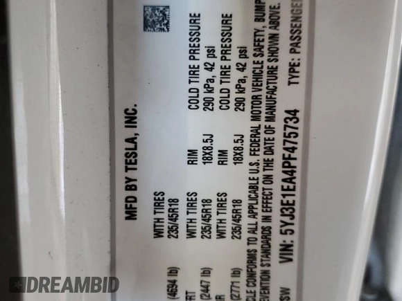 2023 Tesla Model 3 z VIN 5YJ3E1EA4PF475734, wystawiony jako Copart lot #46301445 z przebiegiem 20 643 mil mil oraz Szkoda całkowita • Salvage title. Historia ofert i sprzedaży dostępna na DreamBid. Obrazek 13.