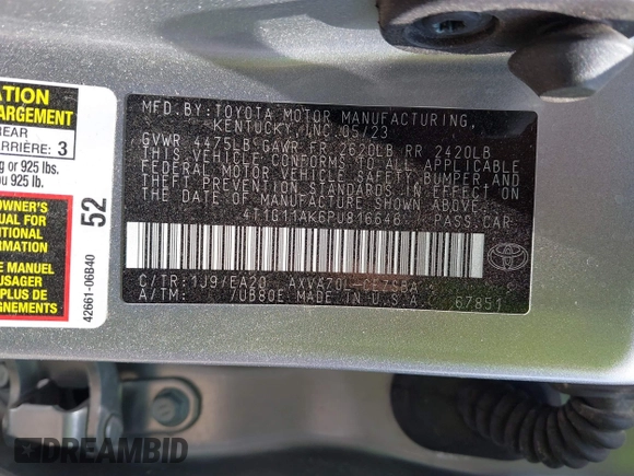 2023 Toyota Camry SE with VIN 4T1G11AK6PU816646, listed as a IAAI auction lot 41932279 with 12,535 mi miles and . Bid and sale history available at DreamBid. Image 9.