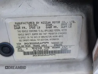 2002 Nissan Sentra GXE z VIN 3N1CB51D12L649594, wystawiony jako IAAI lot #41758242 z przebiegiem 274 883 mil mil oraz . Historia ofert i sprzedaży dostępna na DreamBid. Obrazek 9.