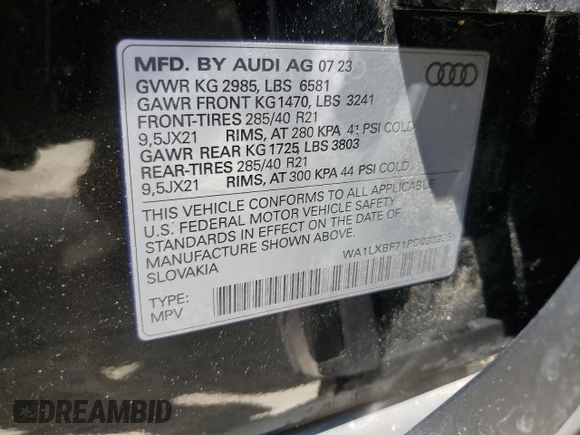 2023 Audi Q7 Premium Plus with VIN WA1LXBF71PD030355, listed as a Copart auction lot 58816255 with 39,353 mi miles and Salvage title. Bid and sale history available at DreamBid. Image 13.