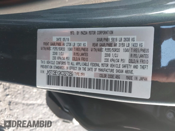 2019 Mazda CX-9 Signature with VIN JM3TCBEY2K0327069, listed as a IAAI auction lot 41136275 with 43,933 mi miles. Bid and sale history available at carsss.com. Image 9.