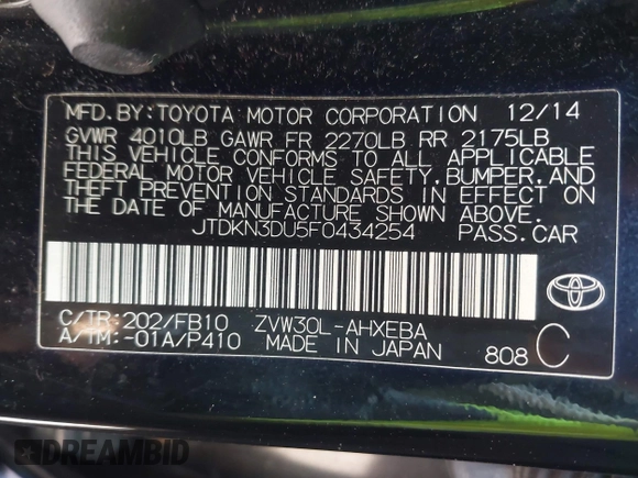 2015 Toyota Prius Four z VIN JTDKN3DU5F0434254, wystawiony jako IAAI lot #42070019 z przebiegiem 134 790 mil mil oraz . Historia ofert i sprzedaży dostępna na DreamBid. Obrazek 9.