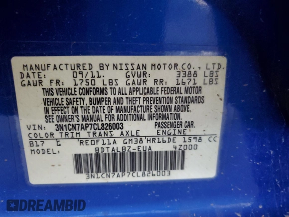 2012 Nissan Versa SV z VIN 3N1CN7AP7CL826003, wystawiony jako Copart lot #59092685 z przebiegiem 178 546 mil mil oraz Szkoda całkowita • Salvage title. Historia ofert i sprzedaży dostępna na DreamBid. Obrazek 12.