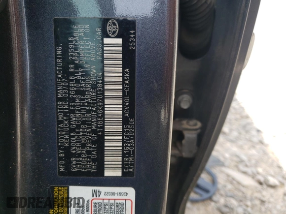2007 Toyota Camry CE with VIN 4T1BE46K97U138404, listed as a Copart auction lot 50998875 with 150,354 mi miles and Clean Title. Bid and sale history available at DreamBid. Image 13.