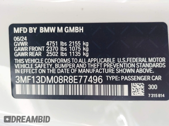 2024 BMW M2 with VIN 3MF13DM08R8E77496, listed as a IAAI auction lot 41950387 with 4,302 mi miles. Bid and sale history available at carsss.com. Image 9.