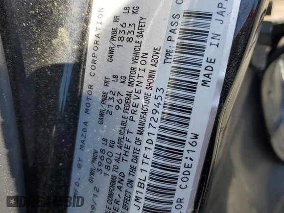 2013 Mazda 3 i SV with VIN JM1BL1TF1D1729453, listed as a Copart auction lot 50453525 with 175,441 mi miles and Salvage title. Bid and sale history available at DreamBid. Image 12.