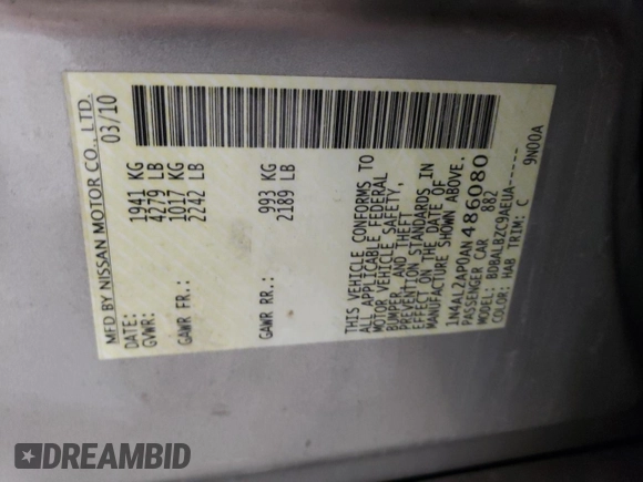 2010 Nissan Altima S z VIN 1N4AL2AP0AN486080, wystawiony jako Copart lot #44787035 z przebiegiem 126 591 mil mil oraz Szkoda całkowita • Salvage title. Historia ofert i sprzedaży dostępna na DreamBid. Obrazek 14.