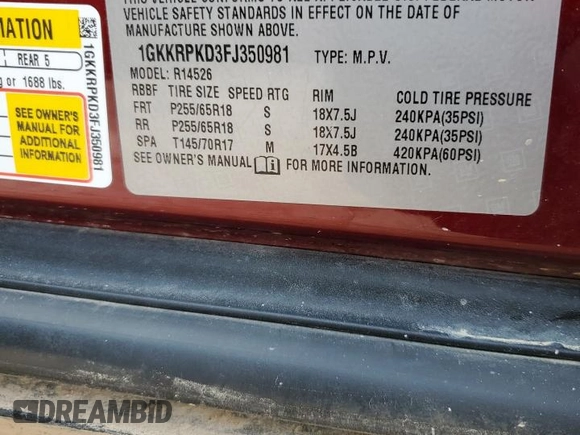 2015 GMC Acadia SLE с VIN 1GKKRPKD3FJ350981, выставлен на аукционе Copart как лот 58152465 с пробегом 93 616 миль миль и Чистый • Clean title. История ставок и продаж доступна на DreamBid. Изображение 13.