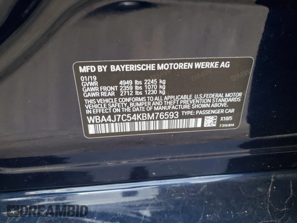 2019 BMW 4 Series 440i xDrive with VIN WBA4J7C54KBM76593, listed as a Copart auction lot 80133444 with 50,030 mi miles and Salvage Title. Bid and sale history available at carsss.com. Image 12.