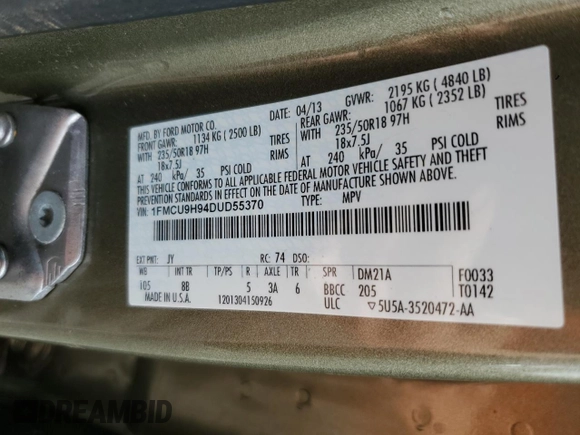 2013 Ford Escape SEL with VIN 1FMCU9H94DUD55370, listed as a Copart auction lot 52199415 with 79,462 mi miles and Salvage Title. Bid and sale history available at DreamBid. Image 13.