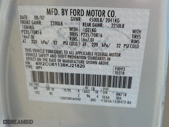 2008 Mercury Mariner with VIN 4M2CU81138KJ21820, listed as a Copart auction lot 74018694 with 95,661 mi miles and Salvage Title. Bid and sale history available at carsss.com. Image 13.