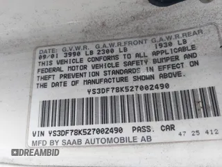 2002 Saab 9-3 SE with VIN YS3DF78K527002490, listed as a IAAI auction lot 41703696 with 119,311 mi miles. Bid and sale history available at carsss.com. Image 9.