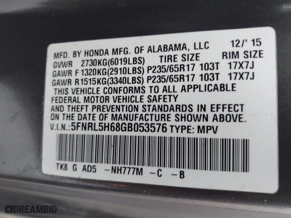 2016 Honda Odyssey EX-L with VIN 5FNRL5H68GB053576, listed as a IAAI auction lot 41543178 with 160,802 mi miles. Bid and sale history available at carsss.com. Image 9.
