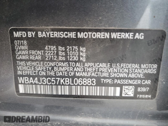 2019 BMW 4 Series 430i xDrive with VIN WBA4J3C57KBL06883, listed as a Copart auction lot 51690695 with 90,695 mi miles and Non repairable. Bid and sale history available at DreamBid. Image 12.