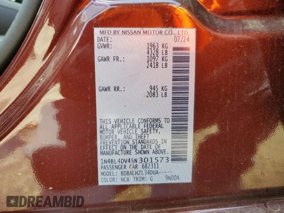 2025 Nissan Altima SV with VIN 1N4BL4DV4SN301573, listed as a Copart auction lot 54365315 with 14,109 mi miles and Salvage Title. Bid and sale history available at DreamBid. Image 12.