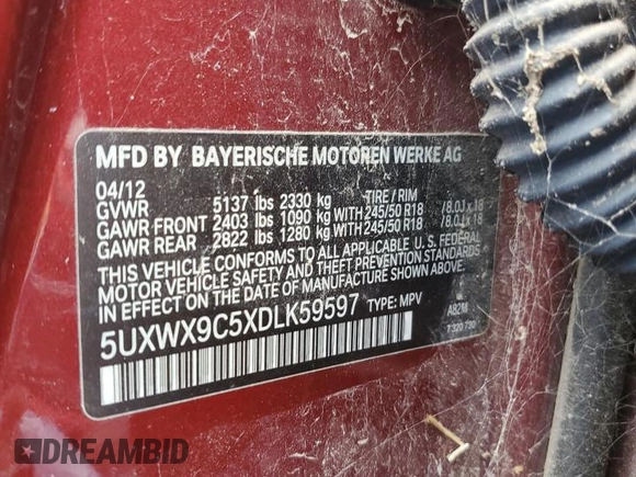 2013 BMW X3 xDrive28i with VIN 5UXWX9C5XDLK59597, listed as a Copart auction lot 54654005 with Not Provided miles and Clean Title. Bid and sale history available at DreamBid. Image 13.