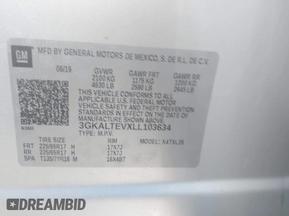 2020 GMC Terrain SLE with VIN 3GKALTEVXLL103634, listed as a IAAI auction lot 41587313 with 96,238 mi miles. Bid and sale history available at carsss.com. Image 9.