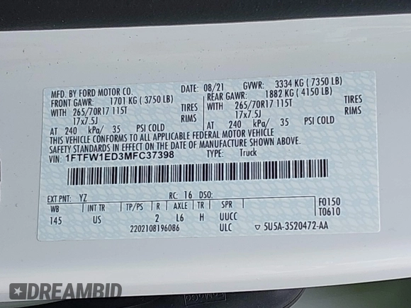 2021 Ford F-150 XL with VIN 1FTFW1ED3MFC37398, listed as a IAAI auction lot 42547006 with 194,971 mi miles and . Bid and sale history available at DreamBid. Image 9.