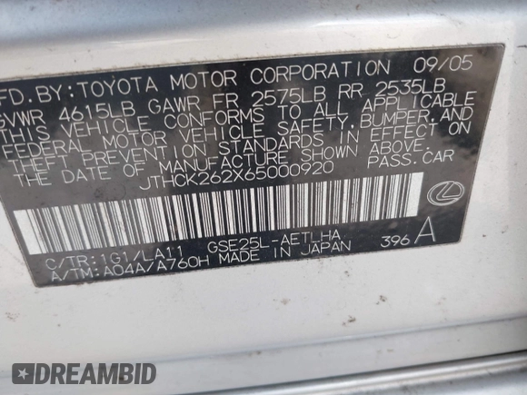 2006 Lexus IS 250 with VIN JTHCK262X65000920, listed as a IAAI auction lot 42033630 with 276,866 mi miles and . Bid and sale history available at DreamBid. Image 9.