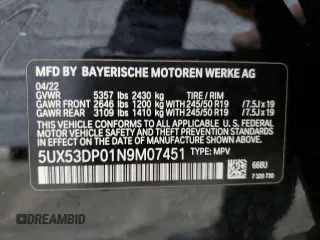 2022 BMW X3 xDrive30i with VIN 5UX53DP01N9M07451, listed as a Copart auction lot 45893785 with 36,661 mi miles and Salvage Title. Bid and sale history available at DreamBid. Image 14.