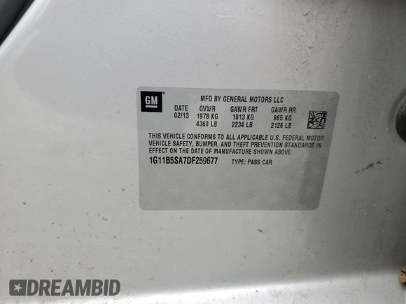 2013 Chevrolet Malibu LS with VIN 1G11B5SA7DF259677, listed as a Copart auction lot 54150815 with Not Provided miles and Clean Title. Bid and sale history available at DreamBid. Image 12.