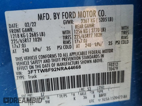 2022 Ford Maverick XL z VIN 3FTTW8F92NRA44668, wystawiony jako Copart lot #46032345 z przebiegiem Nie podano mil oraz Szkoda całkowita • Salvage title. Historia ofert i sprzedaży dostępna na DreamBid. Obrazek 12.
