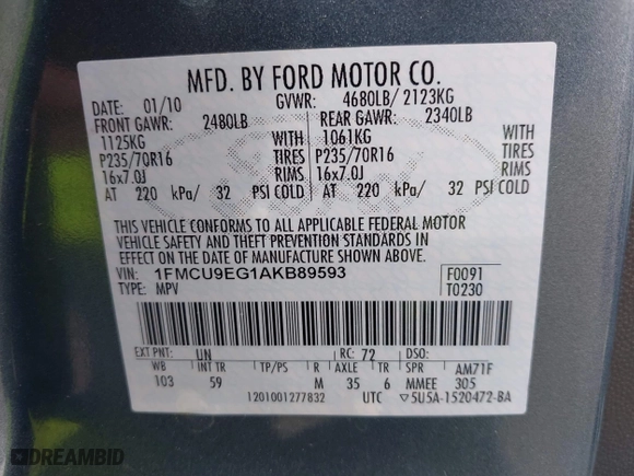 2010 Ford Escape Limited with VIN 1FMCU9EG1AKB89593, listed as a IAAI auction lot 41993888 with 121,175 mi miles. Bid and sale history available at carsss.com. Image 9.