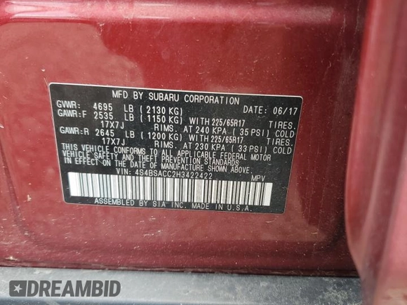 2017 Subaru Outback Premium with VIN 4S4BSACC2H3422422, listed as a Copart auction lot 61351865 with 125,693 mi miles and Salvage title. Bid and sale history available at DreamBid. Image 12.