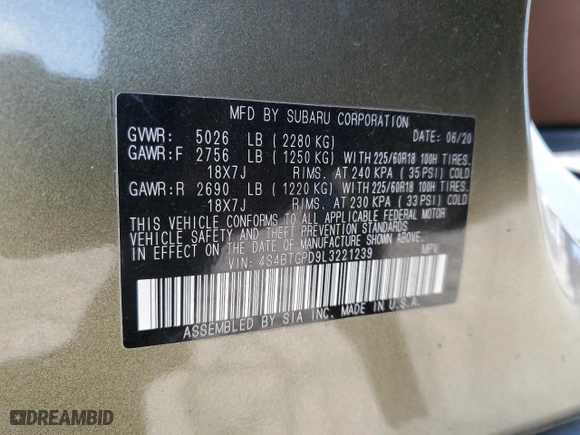 2020 Subaru Outback Touring XT with VIN 4S4BTGPD9L3221239, listed as a Copart auction lot 50003015 with 39,737 mi miles and Salvage Title. Bid and sale history available at carsss.com. Image 14.