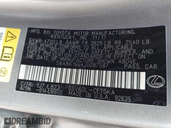 2018 Lexus ES with VIN 58ABK1GG4JU087587, listed as a IAAI auction lot 41869620 with 41,792 mi miles. Bid and sale history available at carsss.com. Image 9.