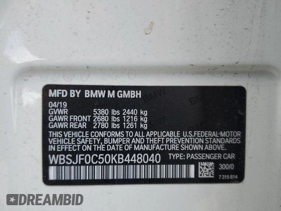 2019 BMW M5 z VIN WBSJF0C50KB448040, wystawiony jako Copart lot #54800055 z przebiegiem Nie podano mil oraz Czysty tytuł • Clean title. Historia ofert i sprzedaży dostępna na DreamBid. Obrazek 13.