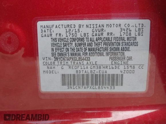 2016 Nissan Versa SV with VIN 3N1CN7APXGL854433, listed as a IAAI auction lot 42353159 with 78,339 mi miles and . Bid and sale history available at DreamBid. Image 9.