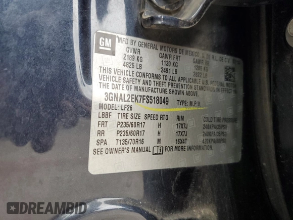 2015 Chevrolet Captiva Sport LS with VIN 3GNAL2EK7FS518049, listed as a Copart auction lot 72706404 with 66,213 mi miles and Salvage Title. Bid and sale history available at DreamBid. Image 12.