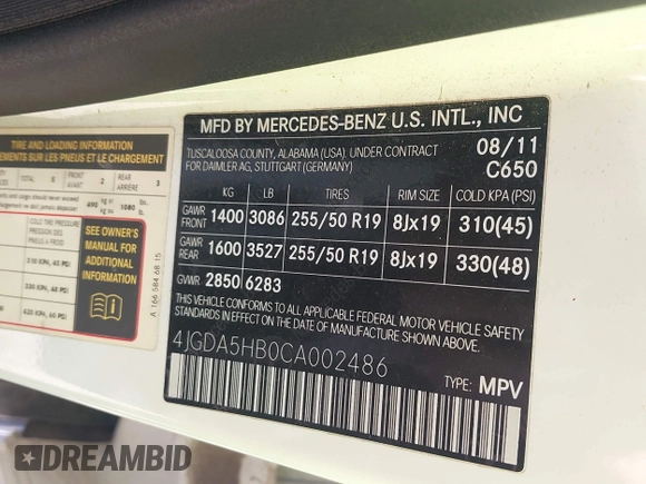 2012 Mercedes-Benz M 350 with VIN 4JGDA5HB0CA002486, listed as a IAAI auction lot 42638591 with 80,754 mi miles and . Bid and sale history available at DreamBid. Image 9.