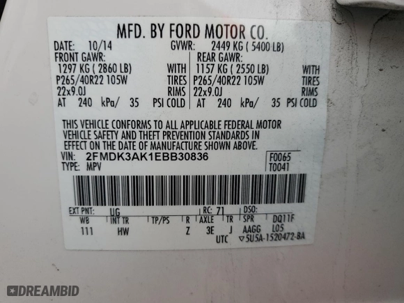2014 Ford Edge Sport with VIN 2FMDK3AK1EBB30836, listed as a Copart auction lot 53279055 with 79,984 mi miles and Salvage Title. Bid and sale history available at carsss.com. Image 14.